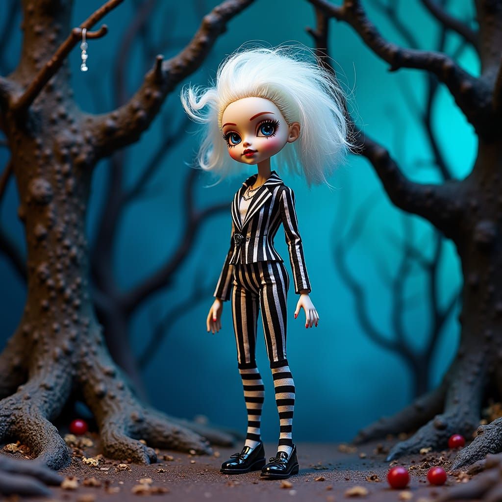 Gothic Beetlejuice Barbie in a Spooky Forest