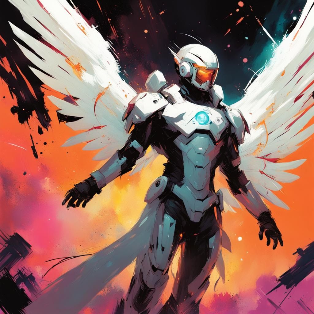 Psychedelic Archangel in Chaotic Cosmic Scene