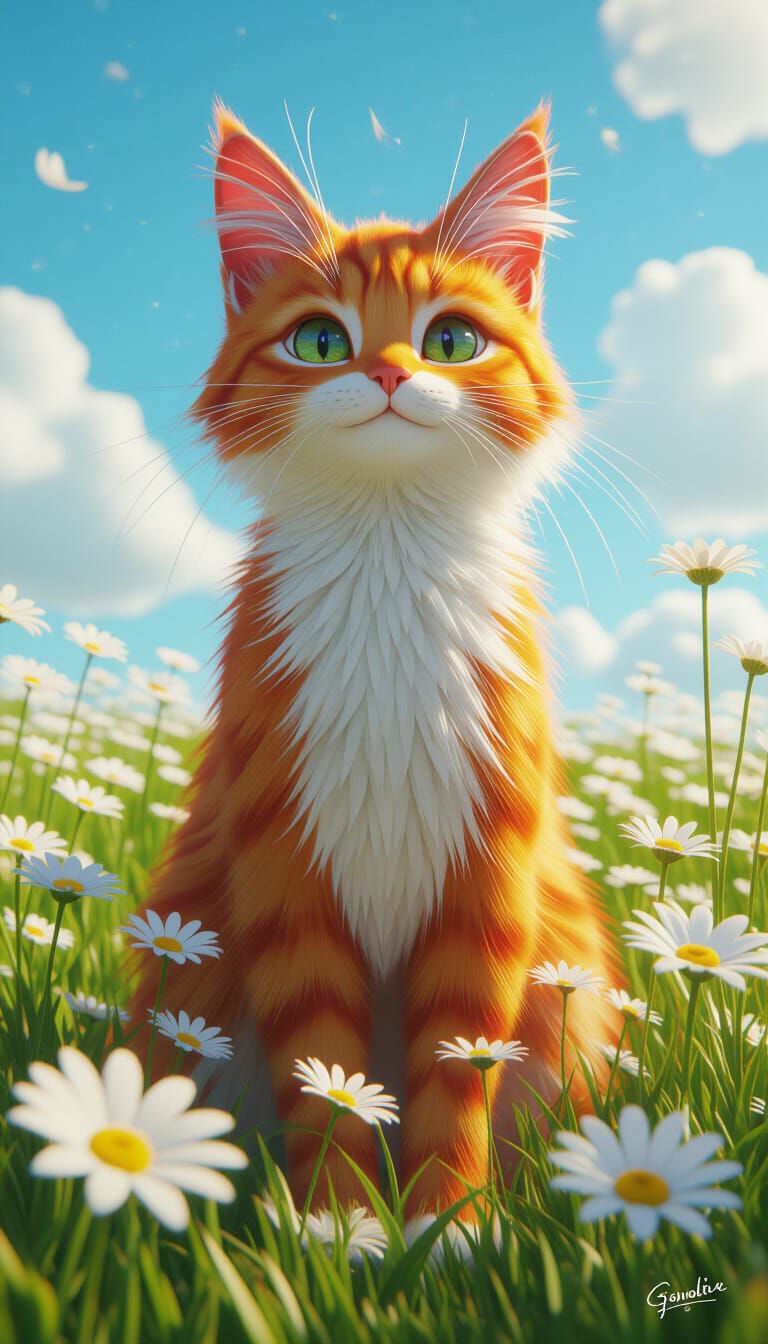 Futuristic Red Cat in Daisy Field, Anime Art