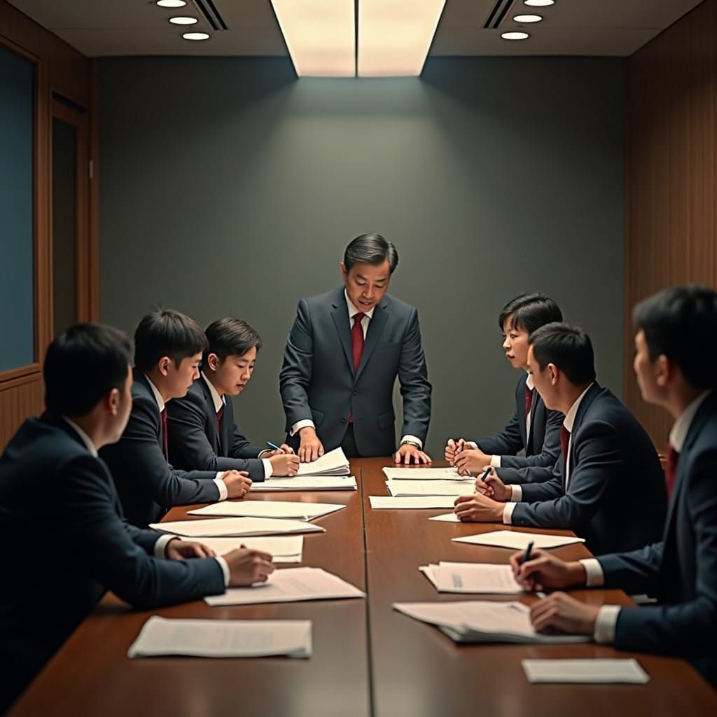 Taiwanese Executives Crafting Policies with Cinematic Lighti...
