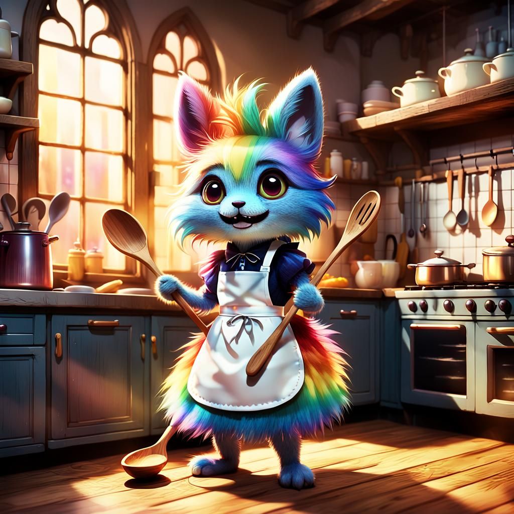 A small rainbow furry creature wearing a white apron holds a...