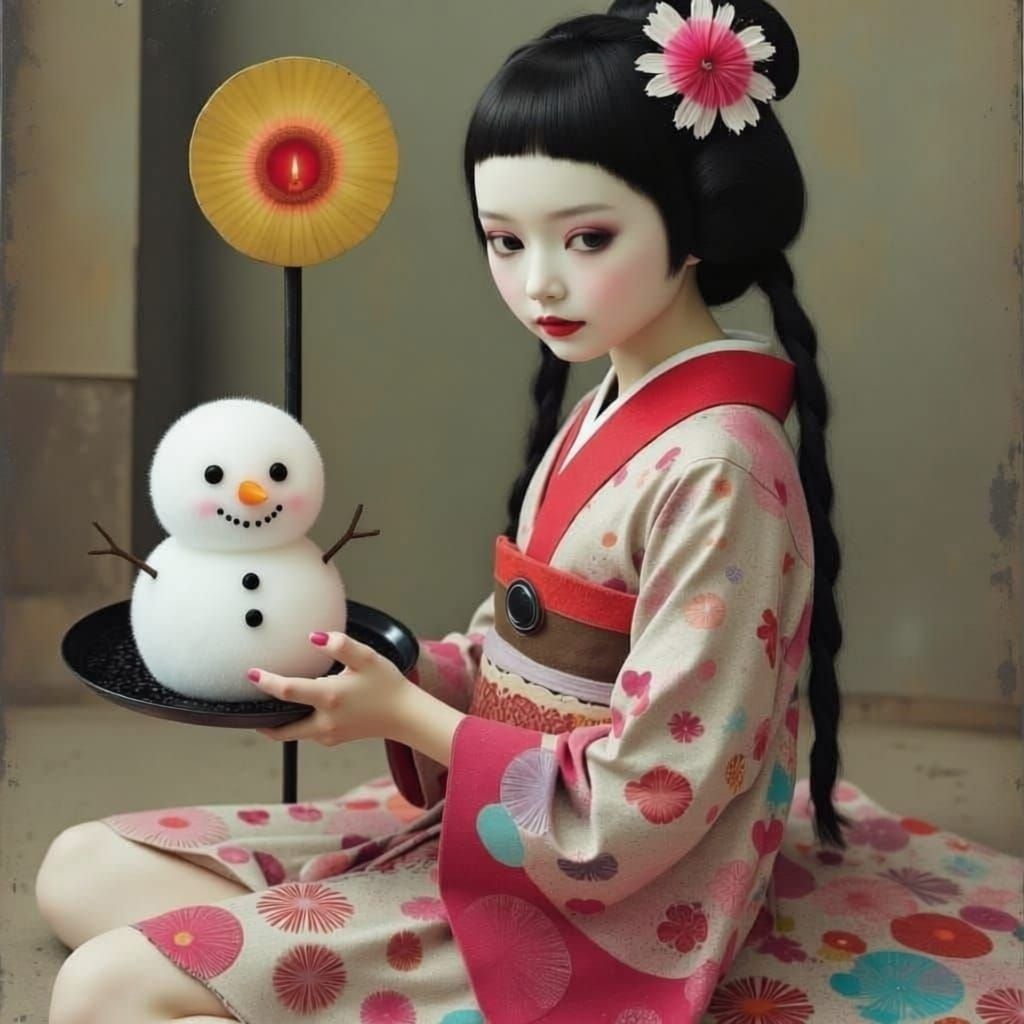 Ethereal Maiko with Snowman on Tray, Biomechanical Elegance