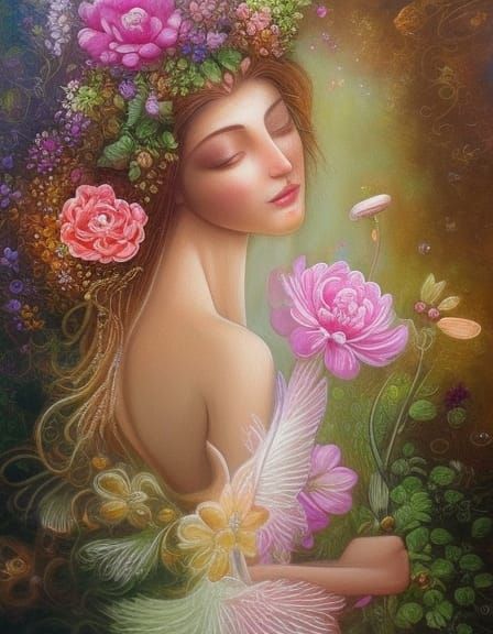 a beautiful anthropomorphic flower person romanticism oil on canvas beautiful complex detailed elegant ethereal fantasti...