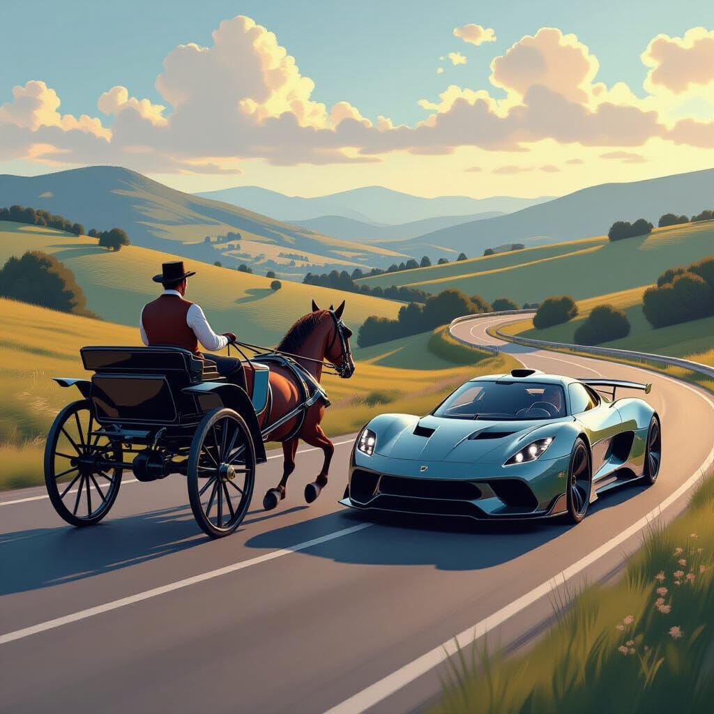 Vintage Carriage Races Sports Car in Cinematic Style