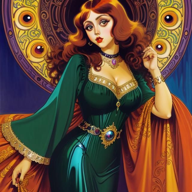 Auburn-Haired Woman with Large Eyes in Art Nouveau Style
