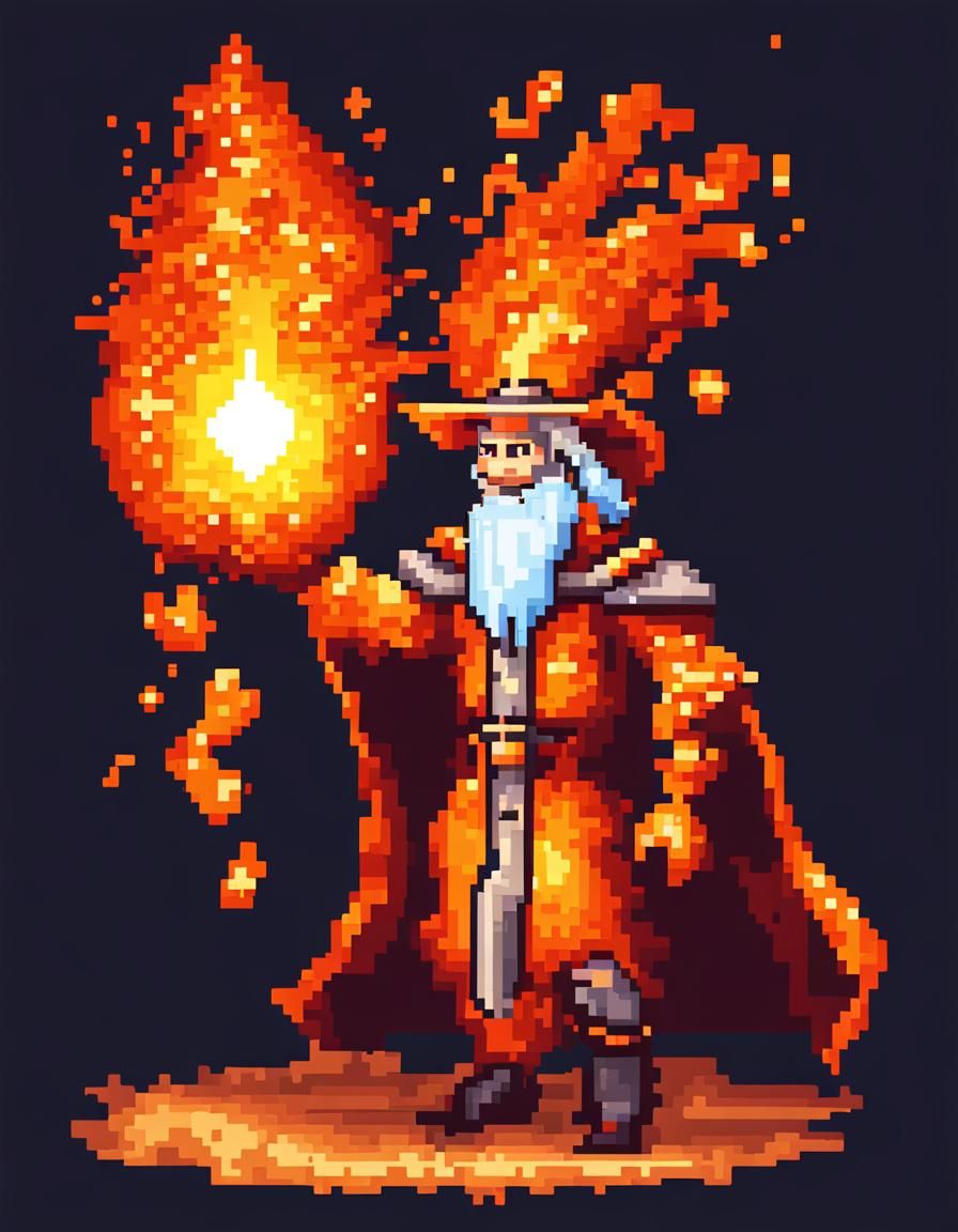 Pixel Art Fantasy Archmage Casting Fireball