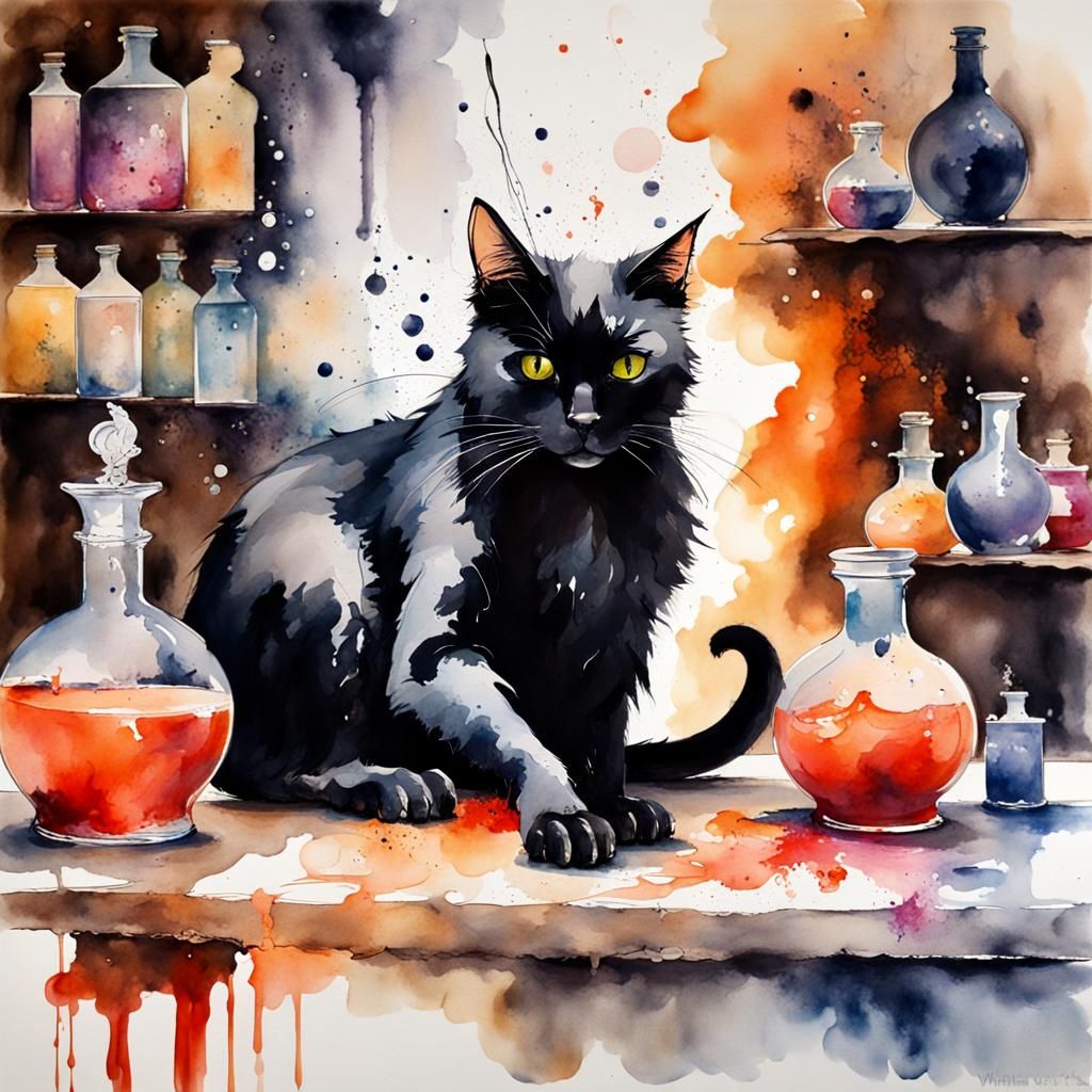 Black Cat in Potion Room: Watercolor Art