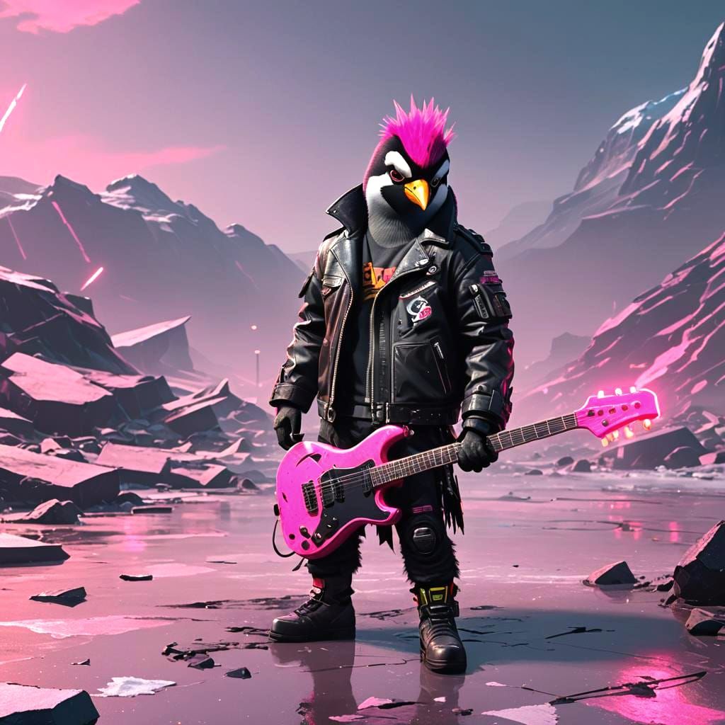 Punk Penguin Rocking Out on Glacier Stage in Cyberpunk Style