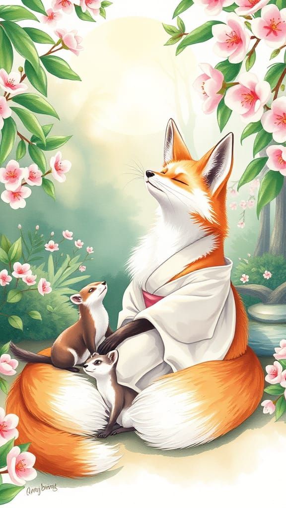 Kitsune Fox in Japanese Garden, Watercolor Style