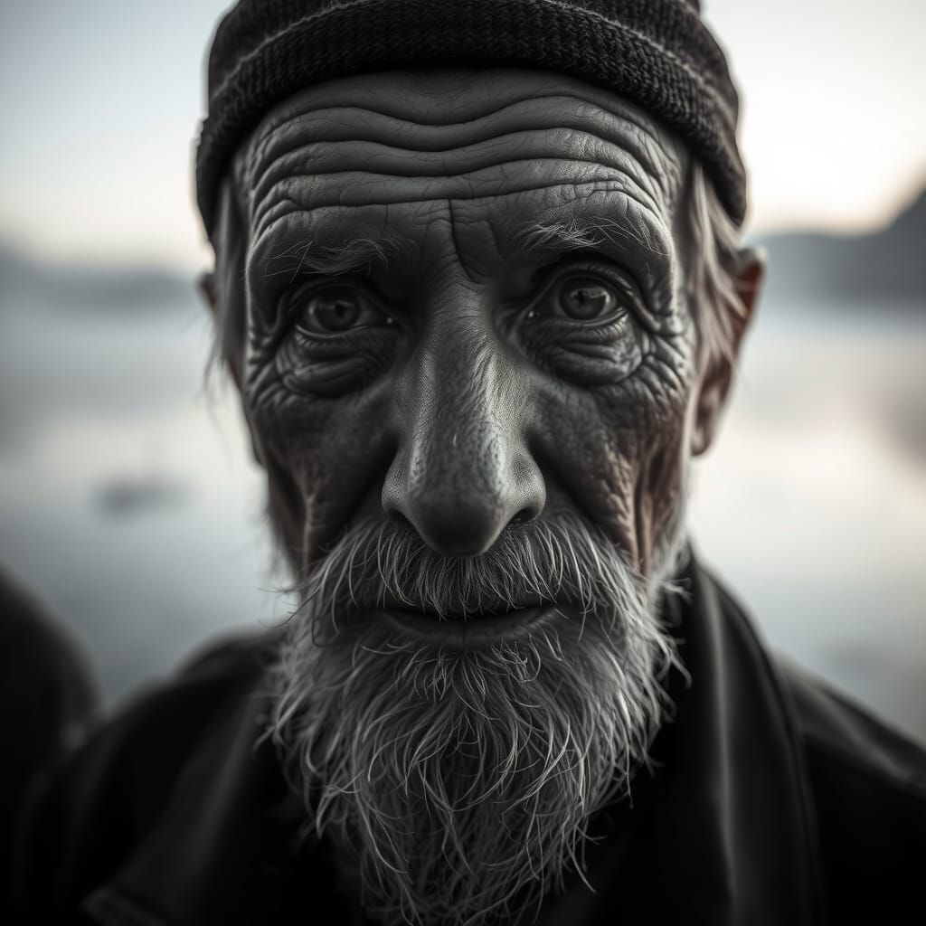 Weathered Fisherman Portrait in Black and White