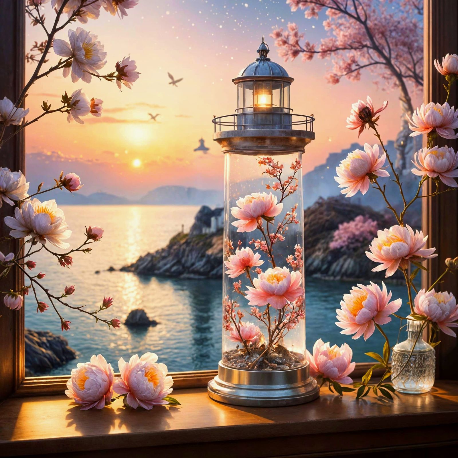 Luminous Lighthouse in Cherry Blossom Sunset, Digital Art
