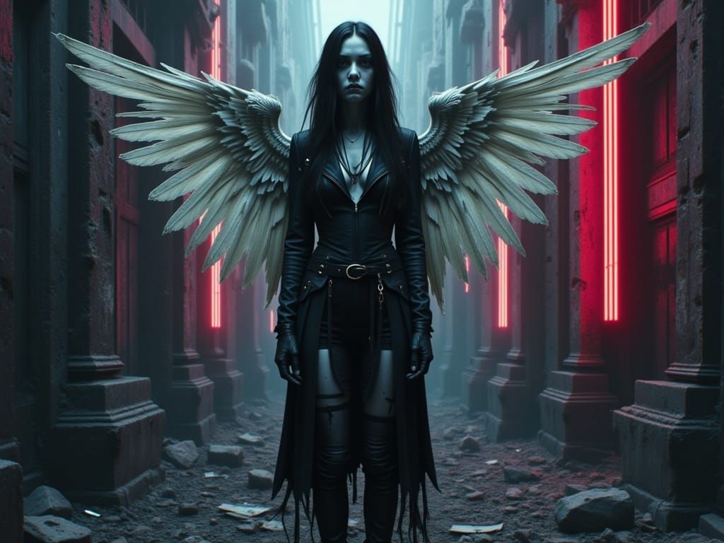 Fallen Angel in Dystopian Cyberpunk Setting