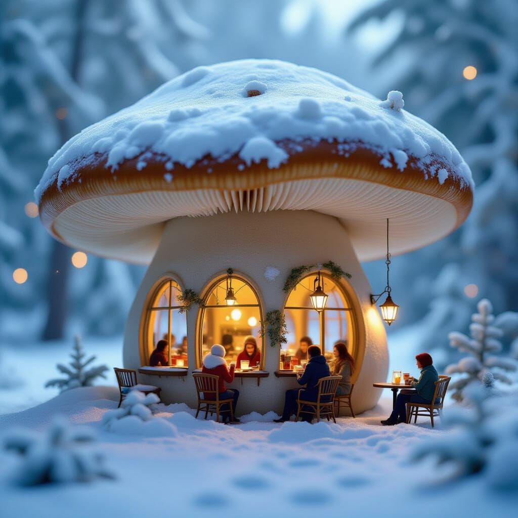 Cozy Mushroom Cafe in Snow With Glowing Drinks