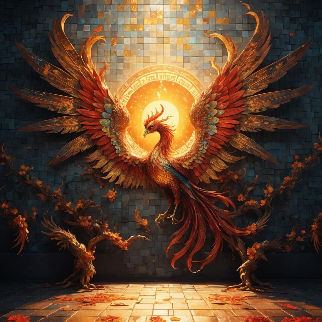 Chinese Phoenix Mosaic Art in Flight