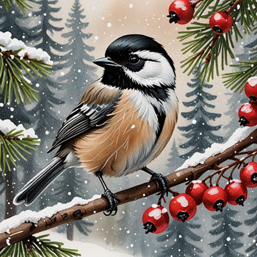 whimsical block art brut chickadee on a snowy branch with red berries and a pine cone with a hazy misty light blue light...