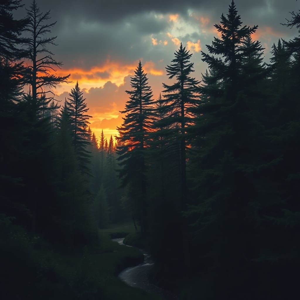 Forest Landscape with Stream, Earthy Tones