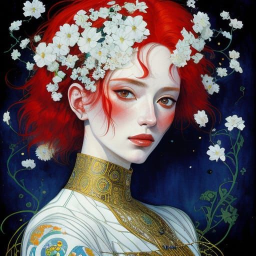 Surreal Portrait of a Red-Haired Woman in Opulent Style