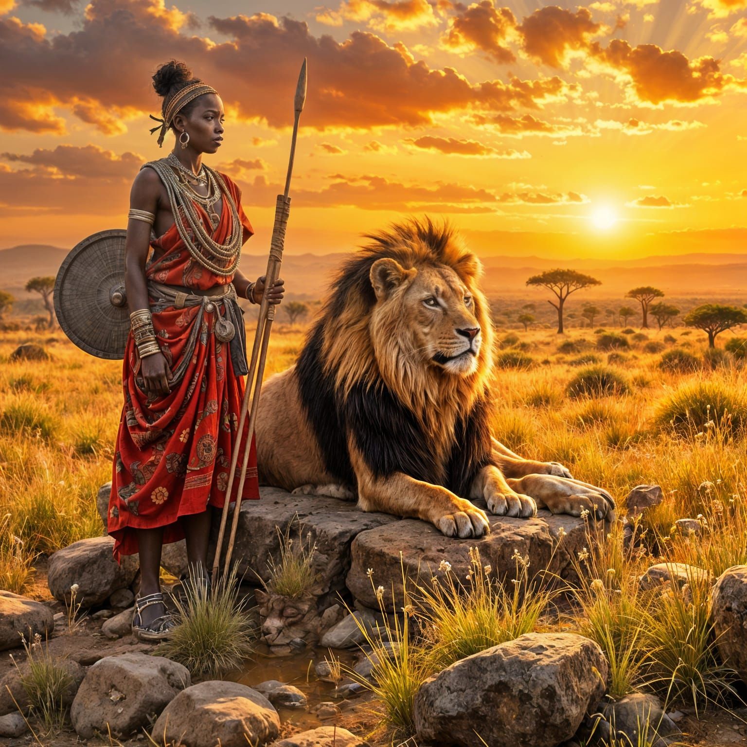 Lion and Maasai Warrior at Savanna Sunset