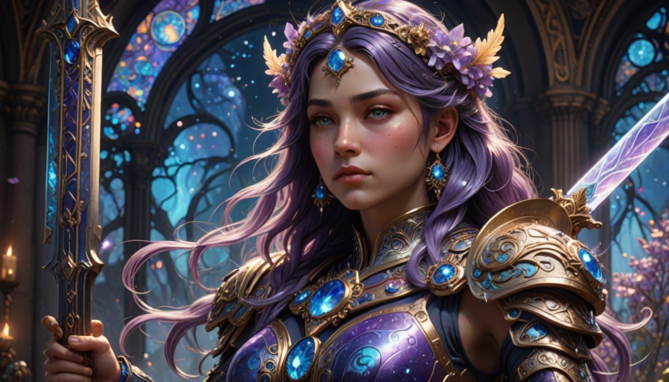 Celestial Warrior Guarding Nebula in Art Nouveau Style