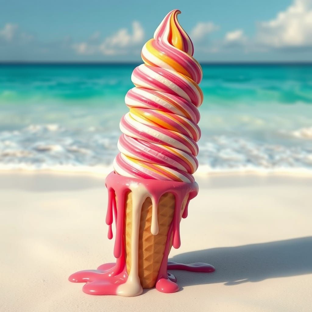 Melting Ice Cream Cone on a Beach, Hyperrealistic Art