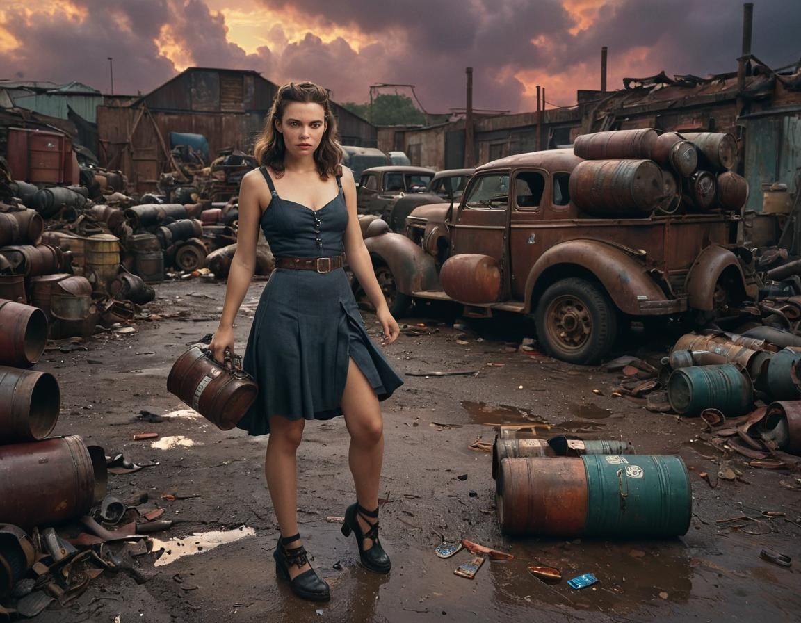 Dieselpunk Girl in 1940s Industrial Workshop