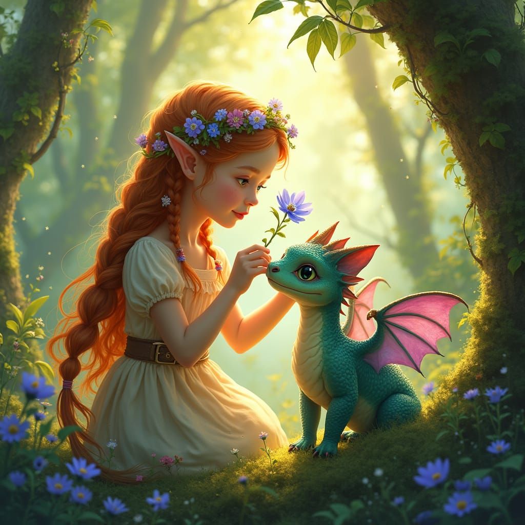 Young Elven girl giving a baby dragon a flower