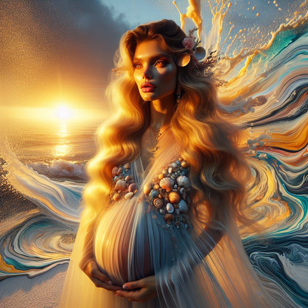 Pregnant Woman in Water at Sunset: Digital Art