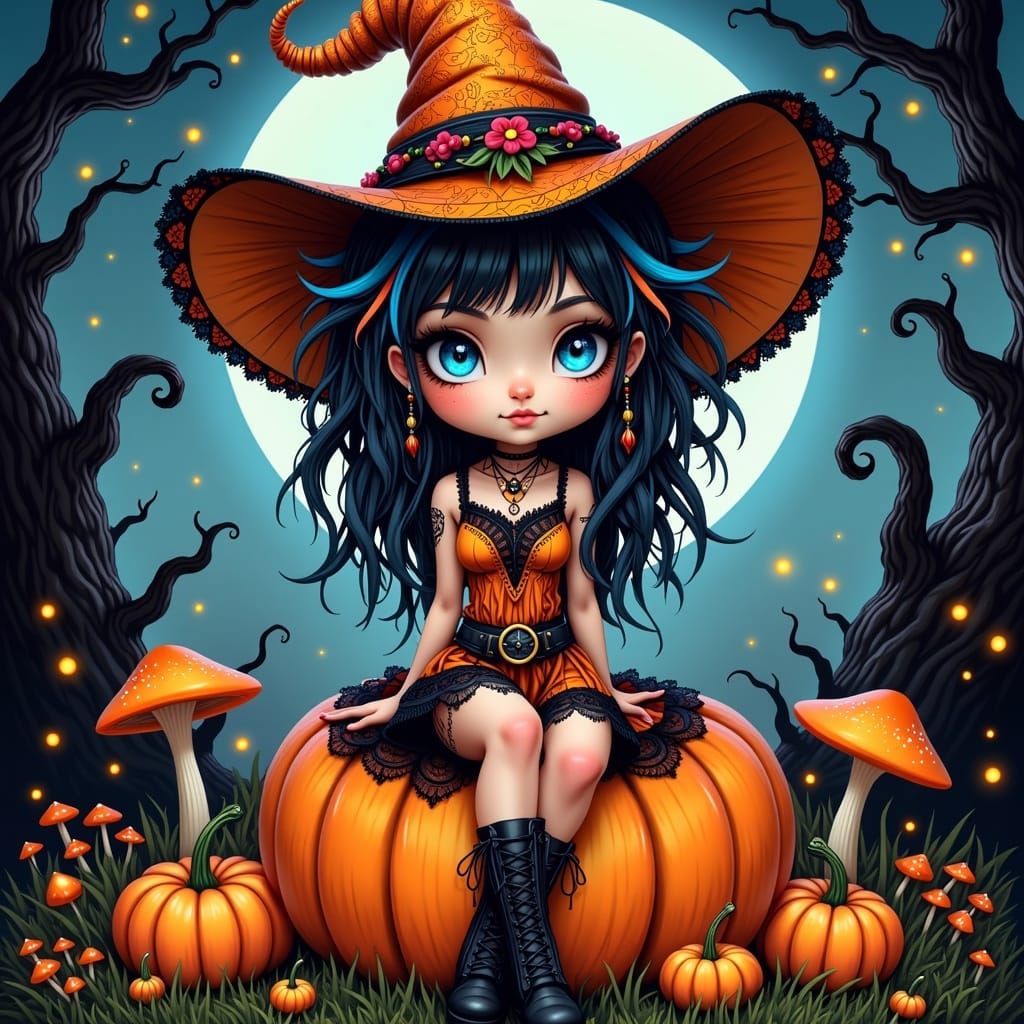 Chibi Witch on Pumpkin in Mystical Moonlight Garden