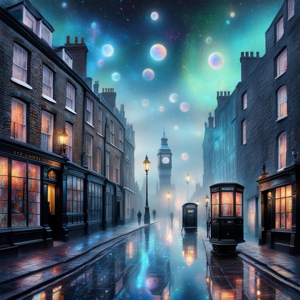 Misty London Street Scene in Mixed Media Style