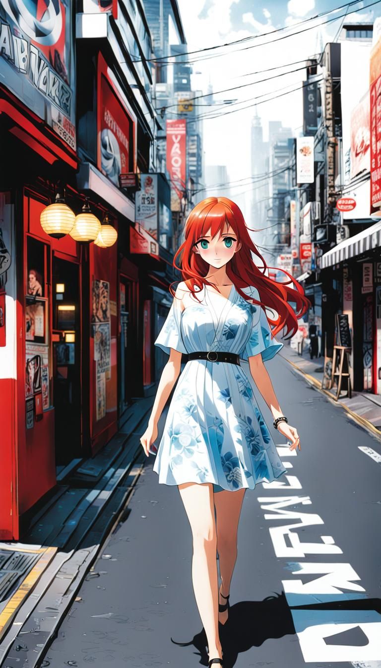 Anime Girl in Tokyo Shoutengai Manga Style