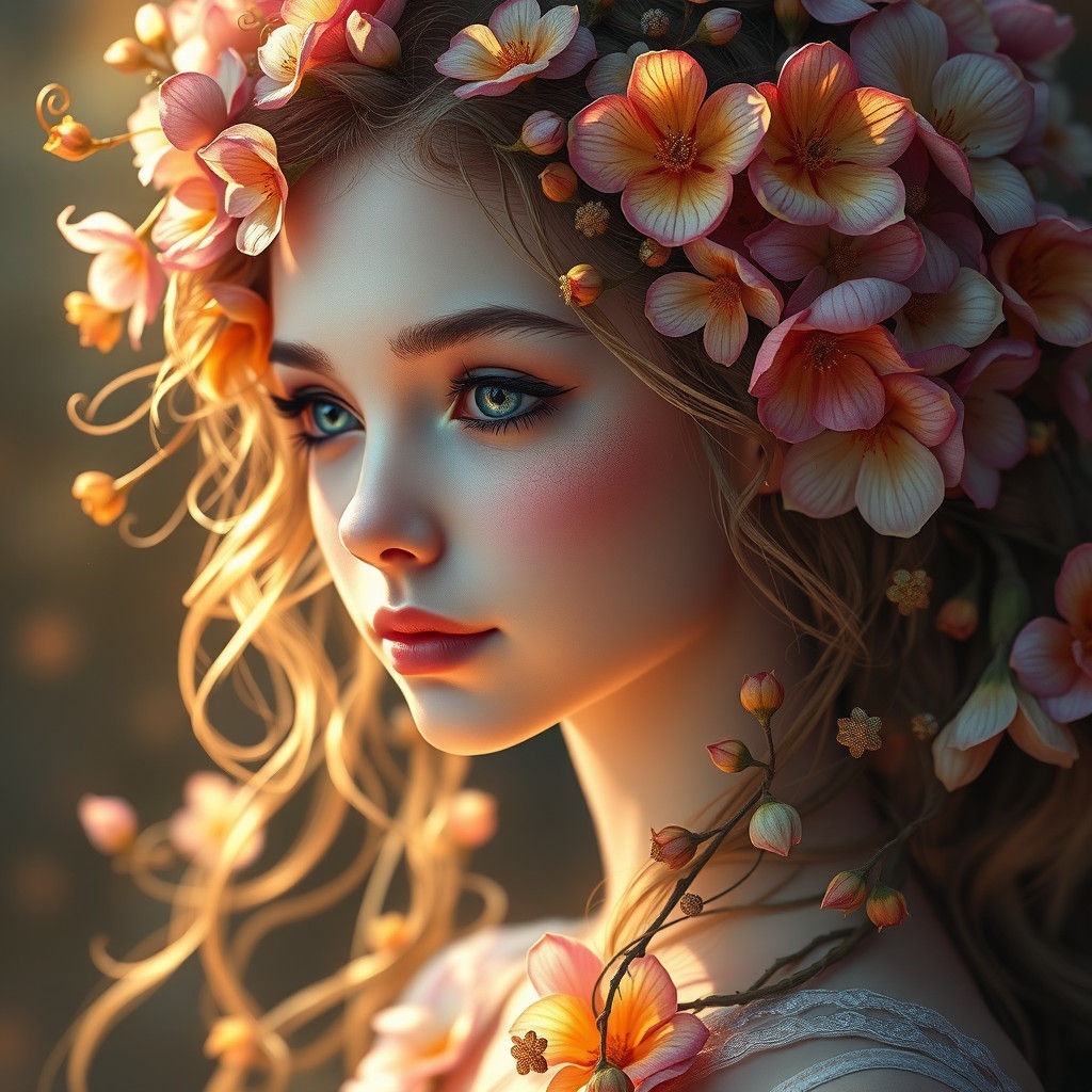 Mystical Flower Girl Portrait in Fantasy Art Style