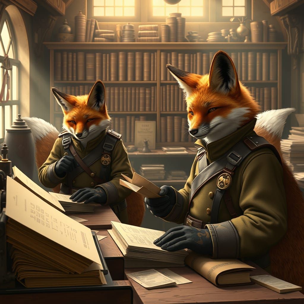 Foxes Craft Military Field Manuals in Rustic Workshop