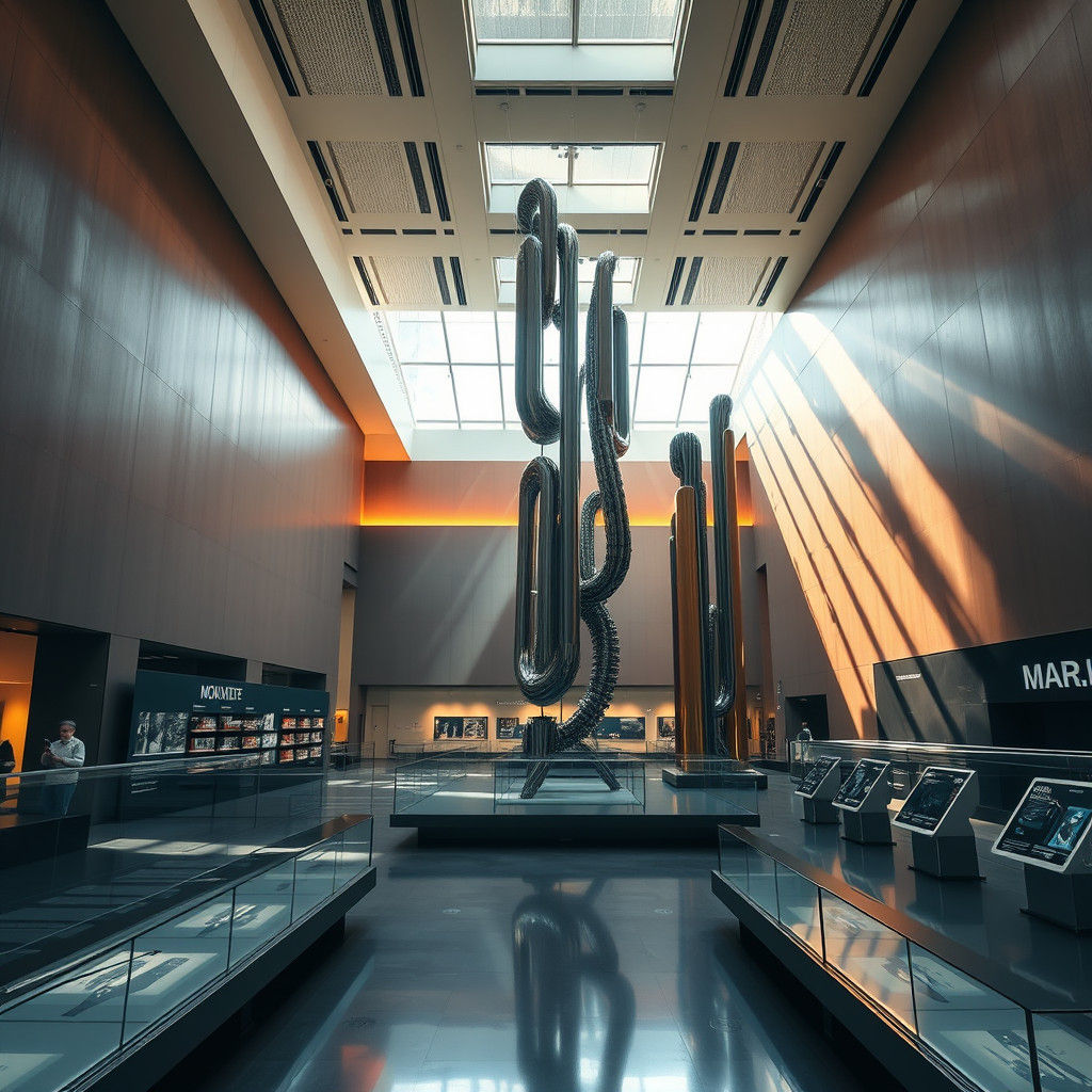 Dramatic Museum Interior with Towering Installations
