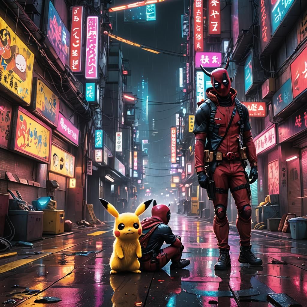 Deadpool and Pikachu in a Cyberpunk Tokyo Alley