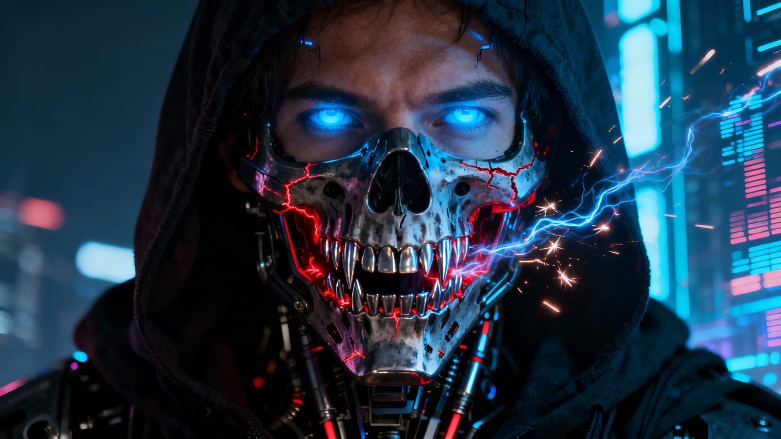 Cyberpunk Character with Neon Eyes and Skeleton Mask