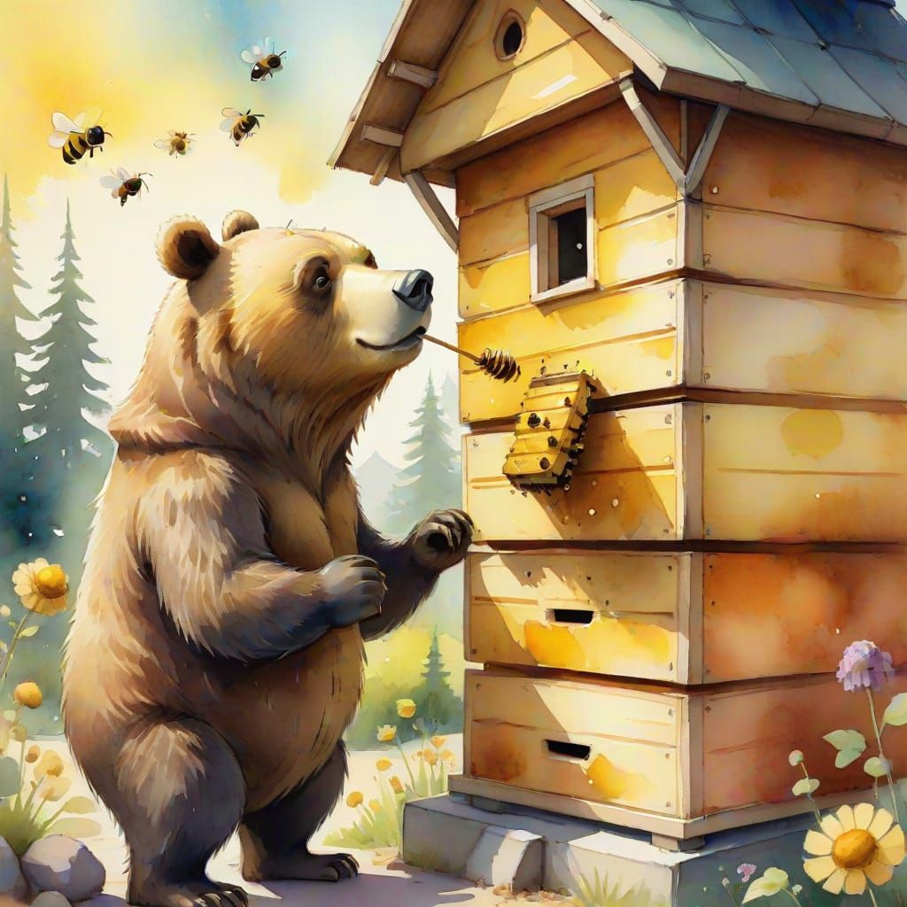 Anthropomorphic Bear Builds Beehive in Watercolor Style