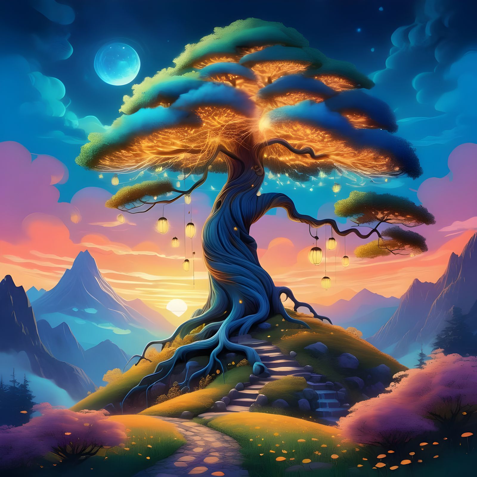 Mountain Tree in Whimsical Landscape