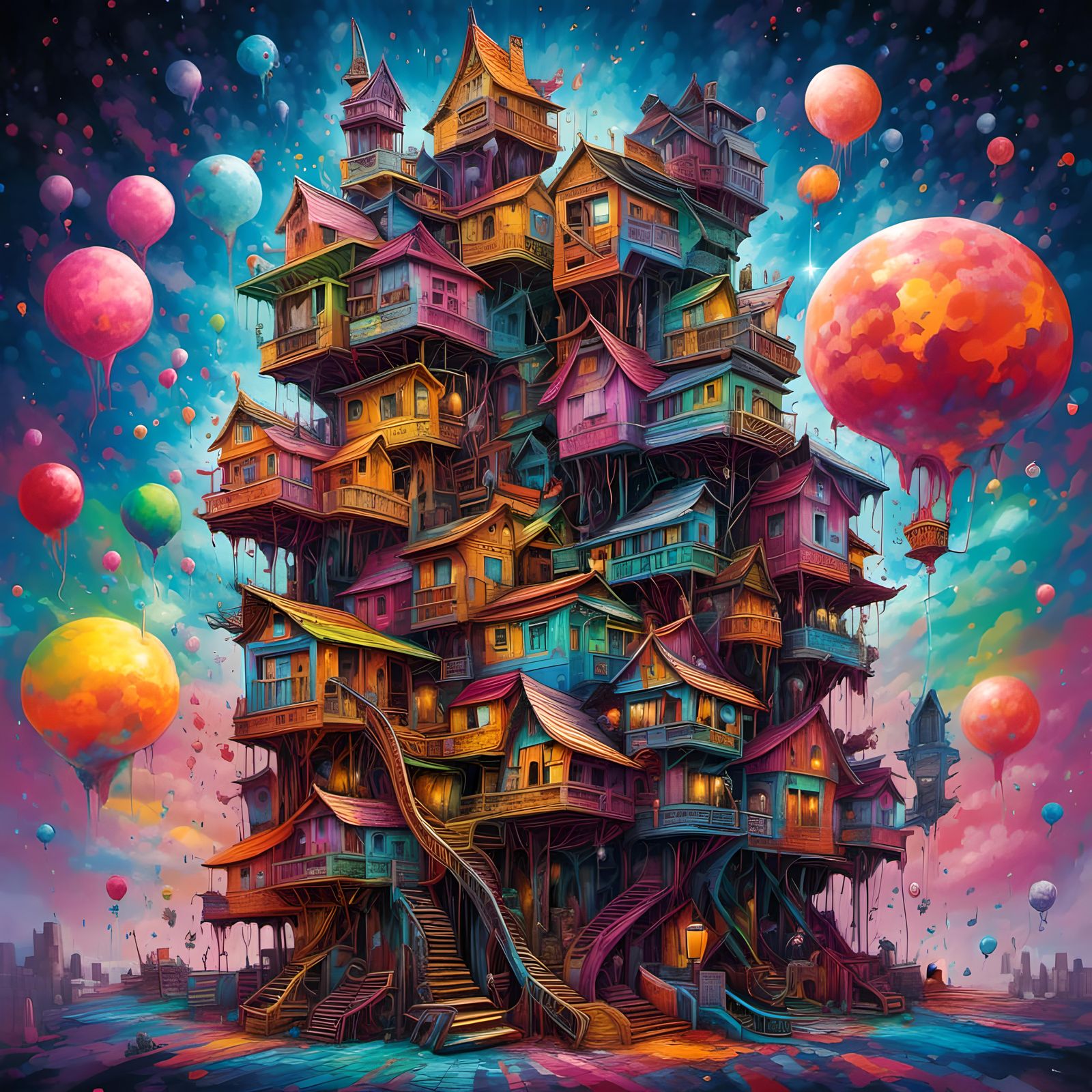 Hyperreal Cat Tower Stretching to the Stars