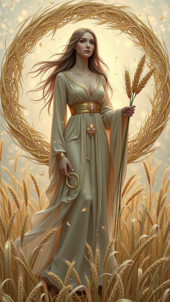 Art Nouveau Virgo Maiden in Wheat Circle