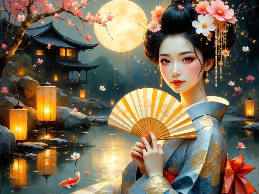 Elegant Geisha Portrait in Moonlit Zen Garden