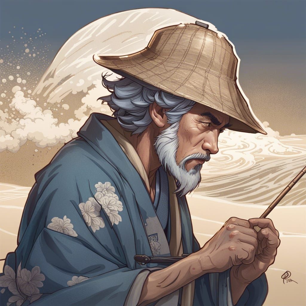 Fisherman Sketching Waves: Hyperdetailed Portrait