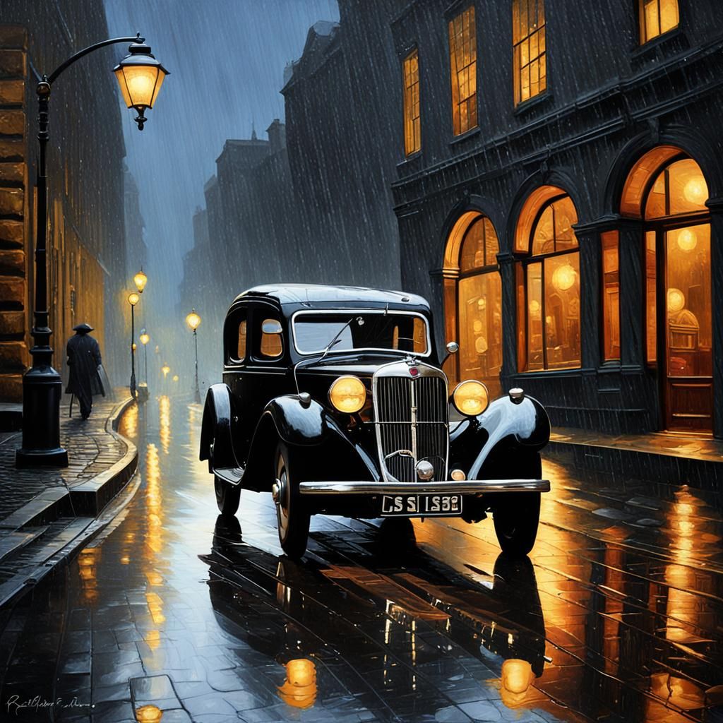 Vintage Car on Rainy City Street in Rembrandt Style