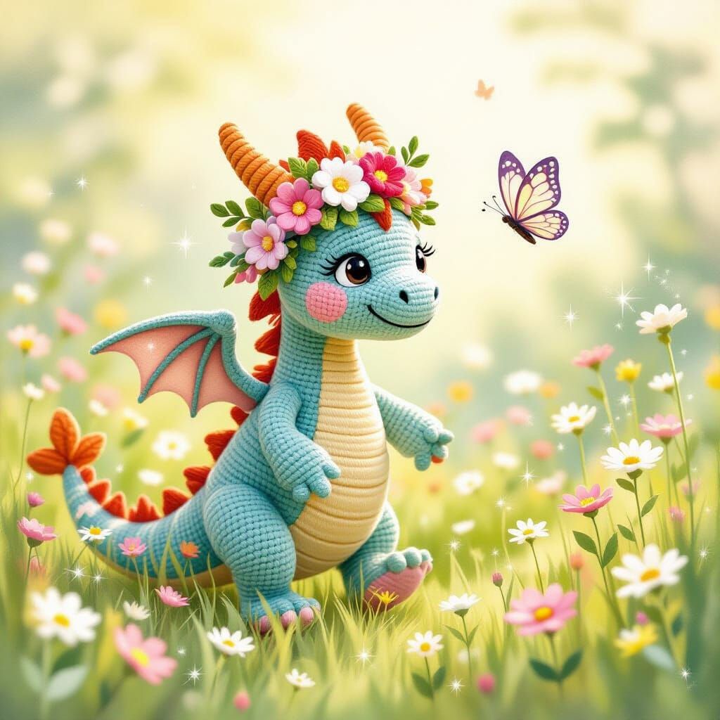 Crochet Dragon Chasing Butterfly in Watercolor Meadow