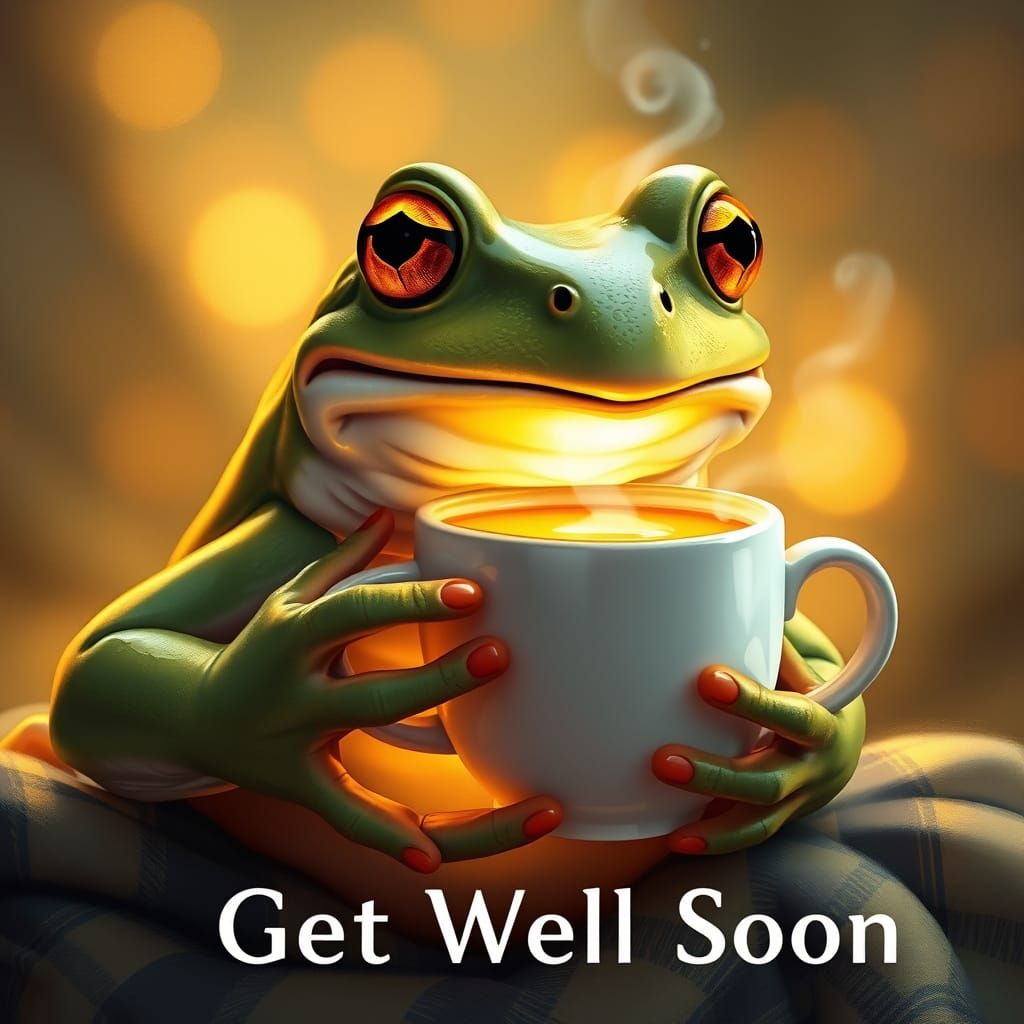 Impressionist Frog Sipping Hot Lemon Drink in Cozy Comfort