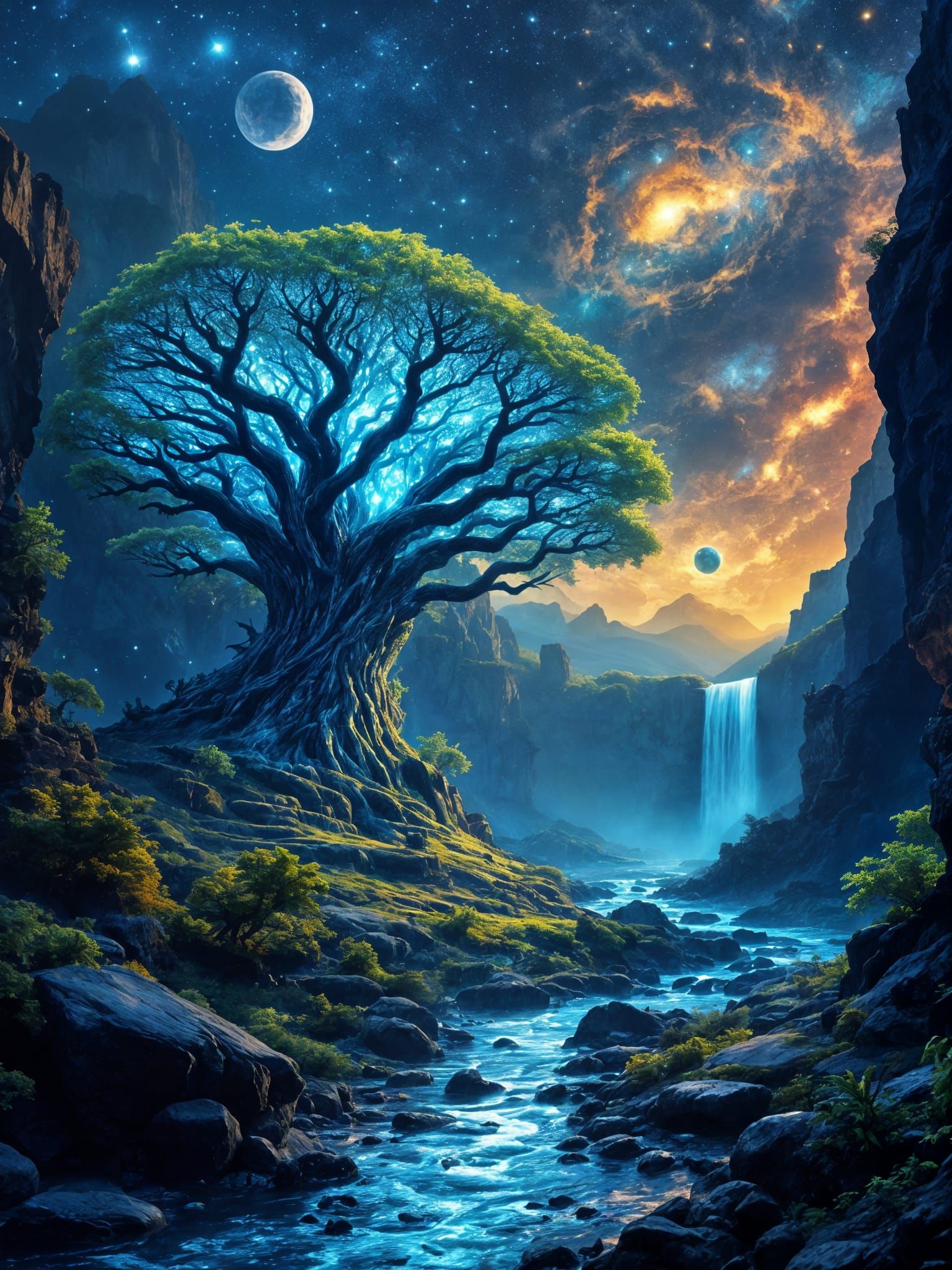 Night River Valley with Alien Fungus Tree