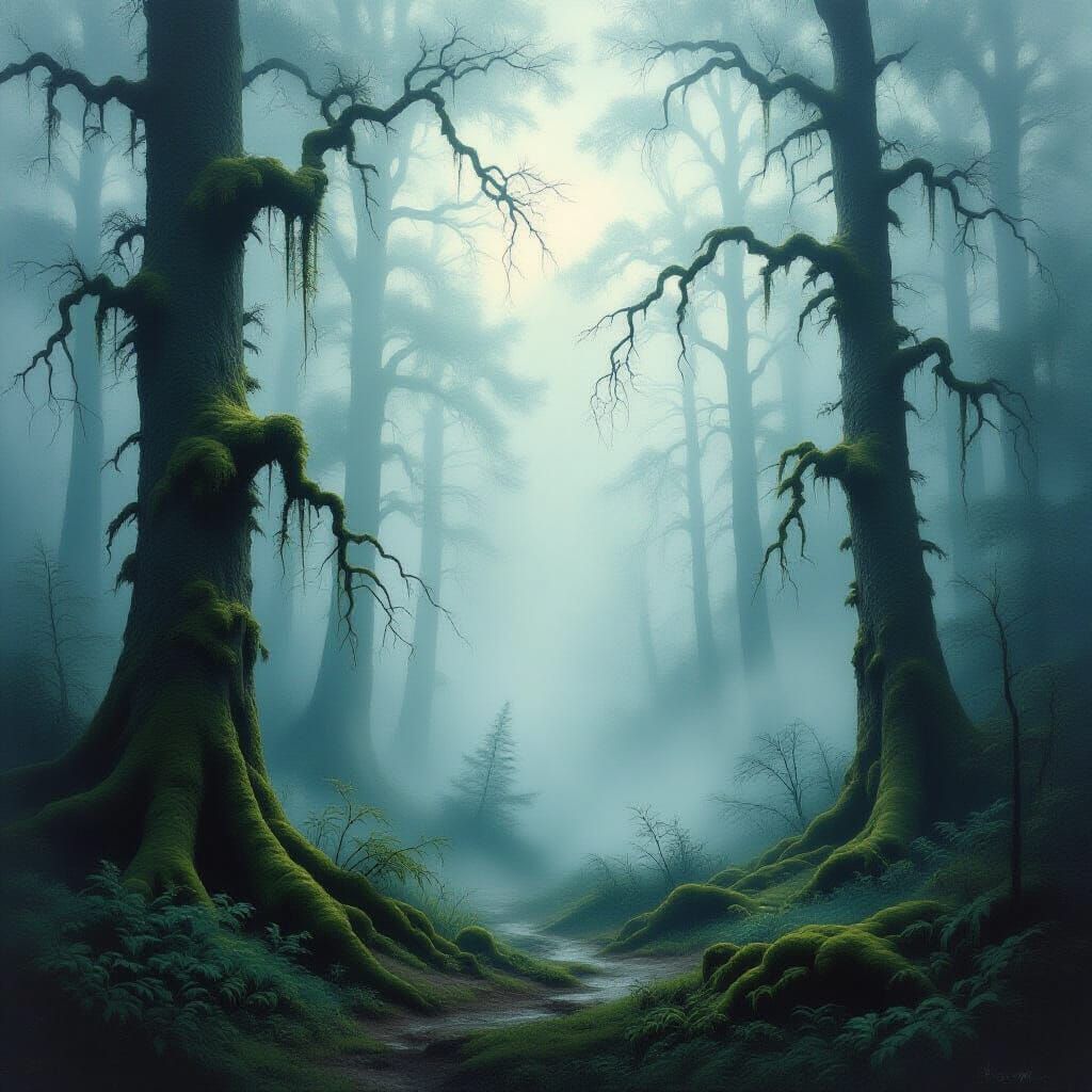 Ethereal Foggy Forest Oil Painting