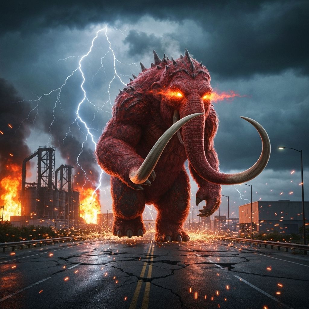 Colossal Mammoth Kaiju Emerges in Apocalyptic Storm