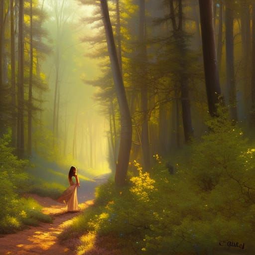 Beautiful Woman in Forest Oil Painting