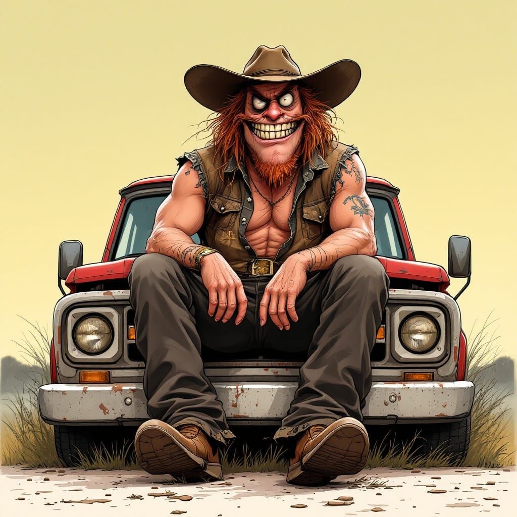 stereotypical toothless goofy redneck cartoon character sitt...