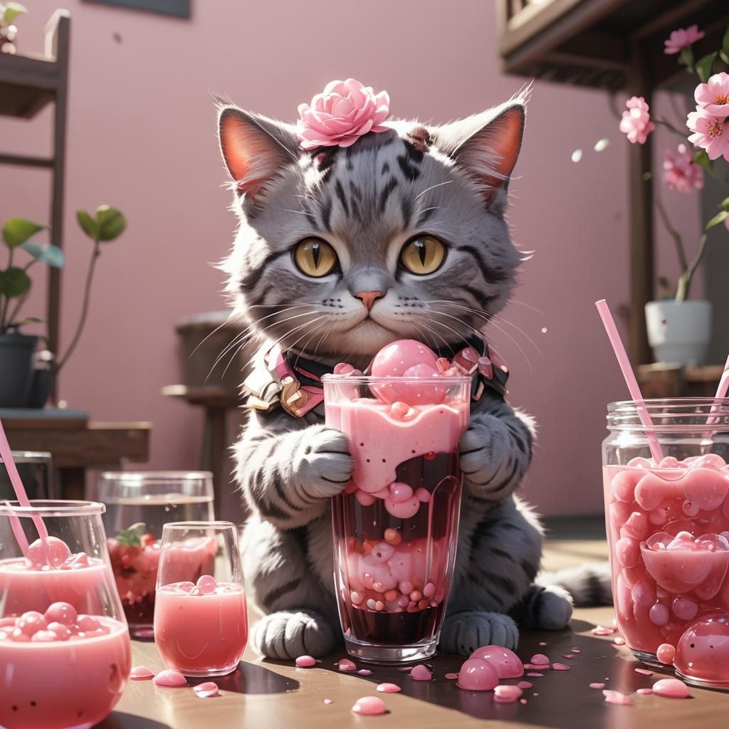 Cartoon Cat Sipping Boba: Anime Style 3D Art
